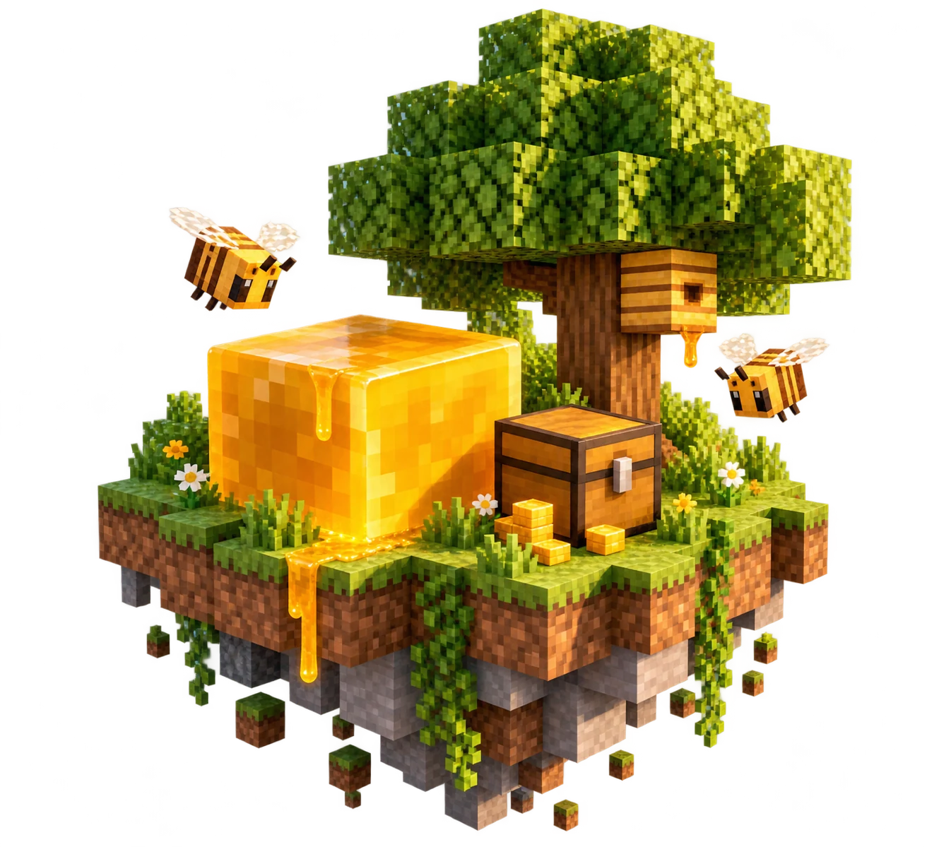 Bal bloğu ve sandık bulunan Skyblock adası